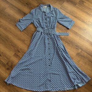 EUC - Melloday - Elegant Blue Patterned Women's Belted Midi Dress with Collar